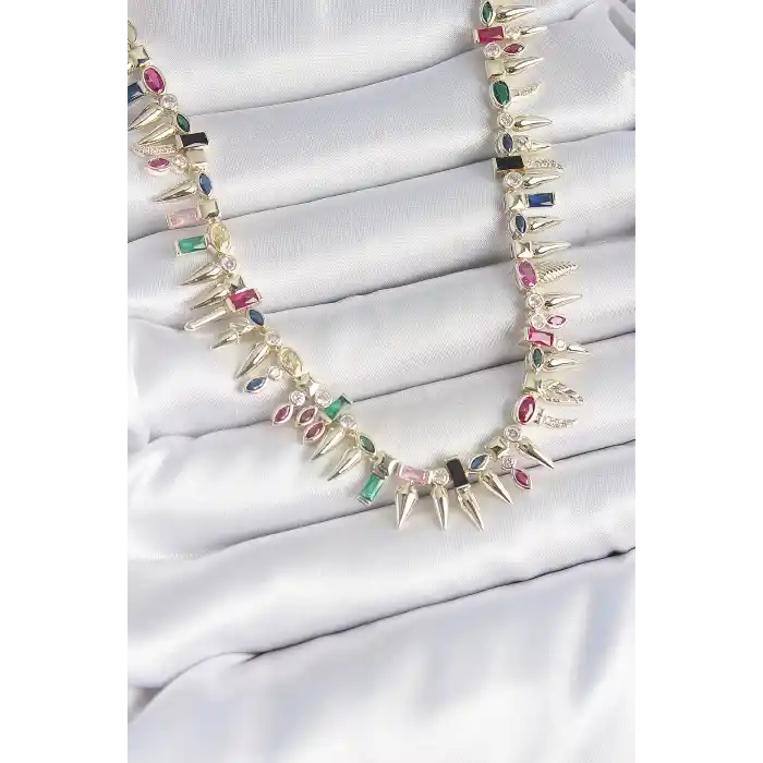 Pirinç Gold Renk Zirkon Taşlı Diken Model VIP Seri Kadın Kolye