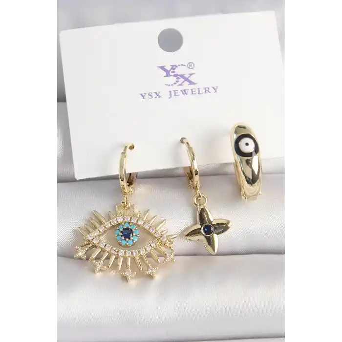 Pirinç Gold Renk Zirkon Taşlı Göz Figür Nazar Boncuk Detay 3Lü Kadın Kombin Küpe