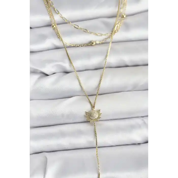 Pirinç Gold Renk Zirkon Taşlı Güneş Model Detaylı 3lü Kombin Y Kadın Kolye