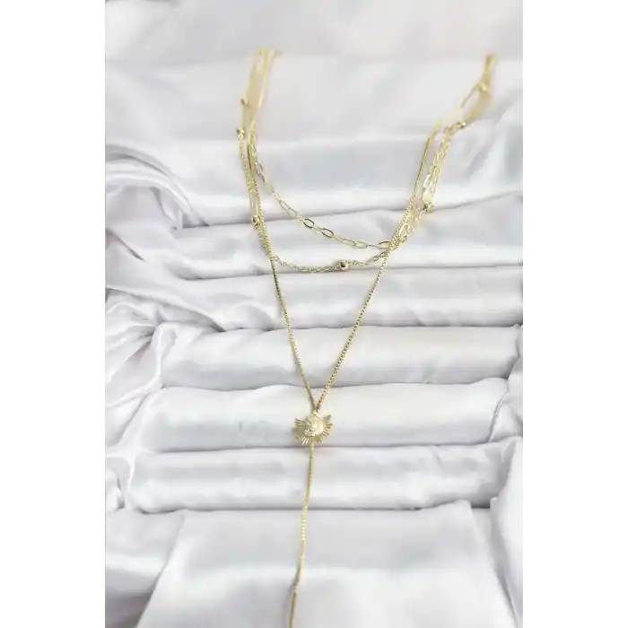 Pirinç Gold Renk Zirkon Taşlı Güneş Model Detaylı 3lü Kombin Y Kadın Kolye