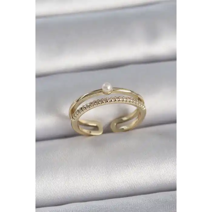 Pirinç Gold Renk Zirkon Taşlı İnci Detay Ayarlanabilir Model Kadın Yüzük