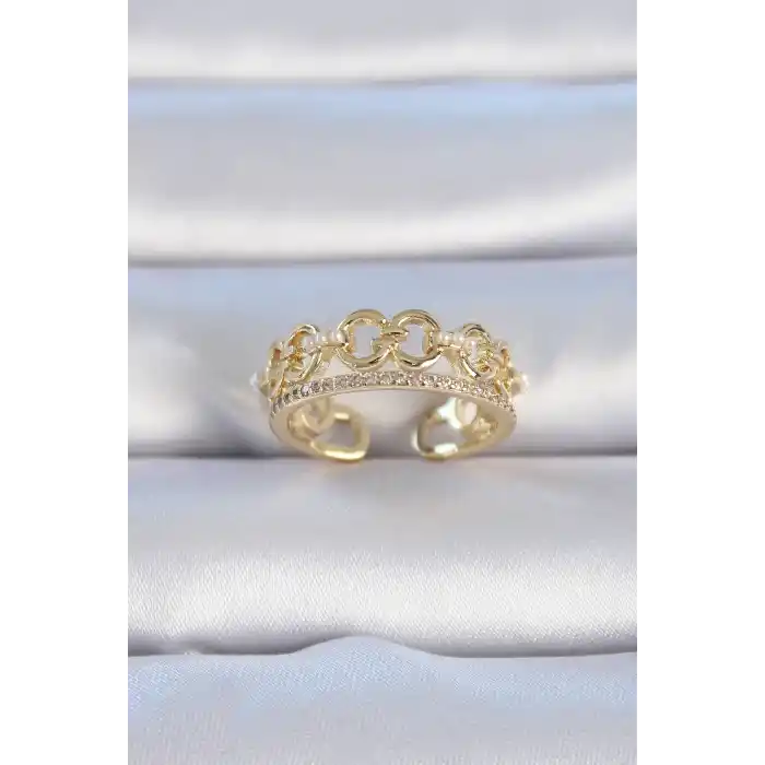 Pirinç Gold Renk Zirkon Taşlı İnci Detay Kadın Yüzük