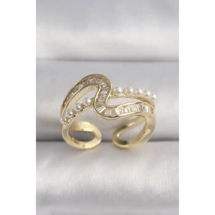 Pirinç Gold Renk Zirkon Taşlı İnci Detay VIP Seri Kadın Yüzük