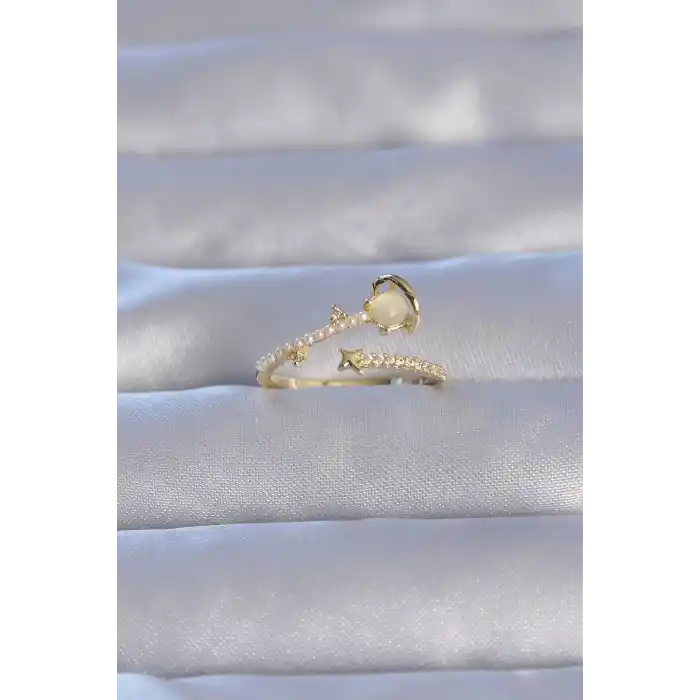 Pirinç Gold Renk Zirkon Taşlı İncili Satürn Model Ayarlanabilir Yüzük