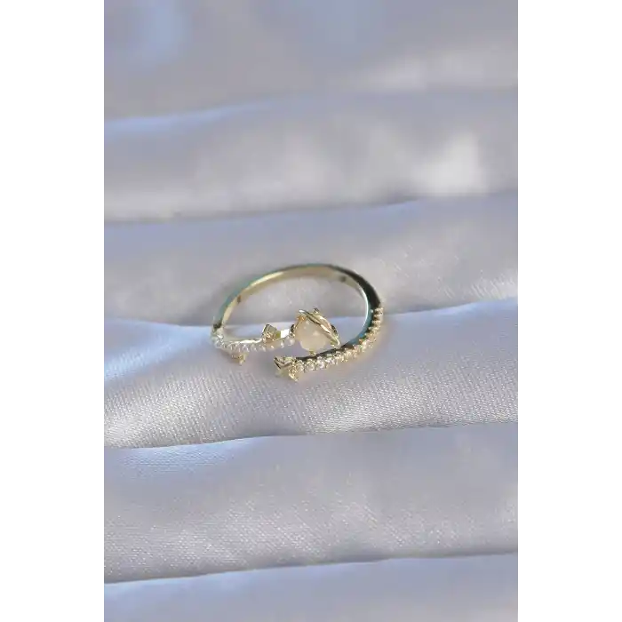 Pirinç Gold Renk Zirkon Taşlı İncili Satürn Model Ayarlanabilir Yüzük