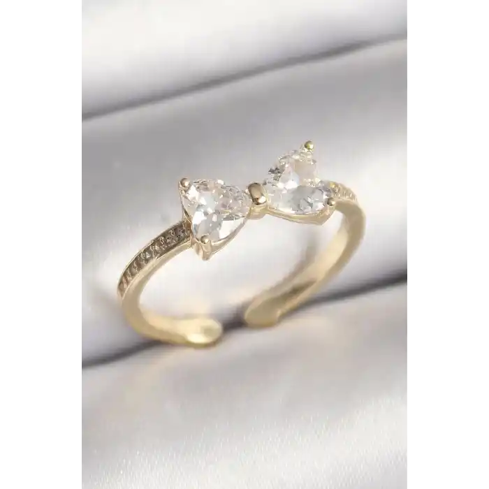 Pirinç Gold Renk Zirkon Taşlı Kalp Fiyonk Model Kadın Yüzük