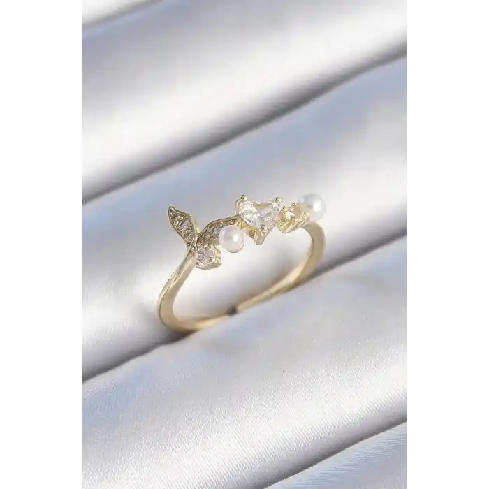 Pirinç Gold Renk Zirkon Taşlı Kalp Yaprak Model İnci Detay Kadın Yüzük