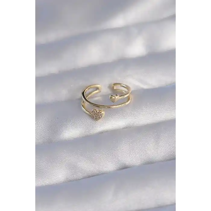Pirinç Gold Renk Zirkon Taşlı Kalpli Model Ayarlanabilir Yüzük
