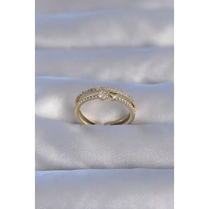 Pirinç Gold Renk Zirkon Taşlı Kalpli Su Yolu Model Ayarlanabilir Yüzük