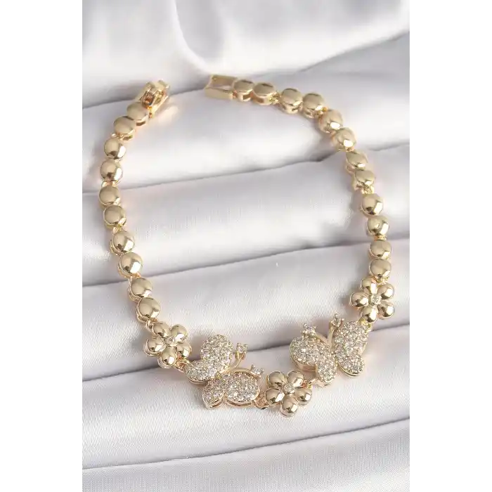 Pirinç Gold Renk Zirkon Taşlı Kelebek Figür Çiçek Zincir Model Kadın Bileklik