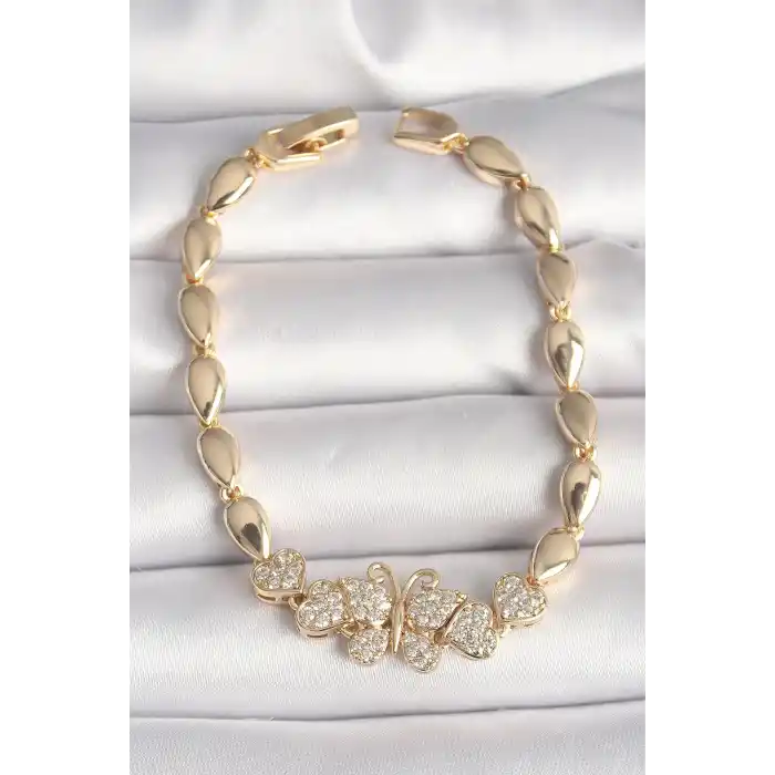 Pirinç Gold Renk Zirkon Taşlı Kelebek Figür Damla Zincir Model Kadın Bileklik