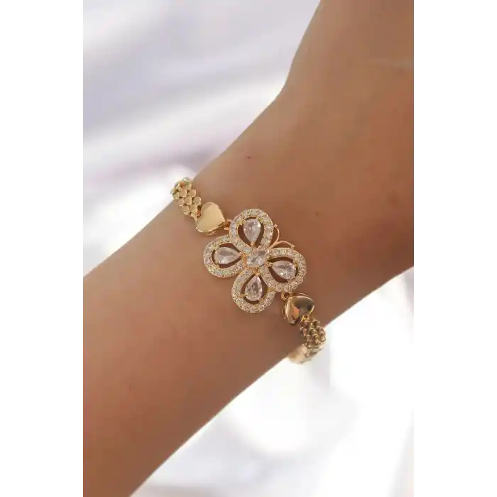 Pirinç Gold Renk Zirkon Taşlı Kelebek Figürlü Parçalı Model Bileklik