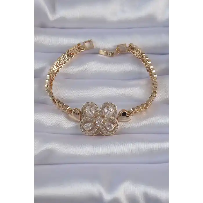Pirinç Gold Renk Zirkon Taşlı Kelebek Figürlü Parçalı Model Bileklik