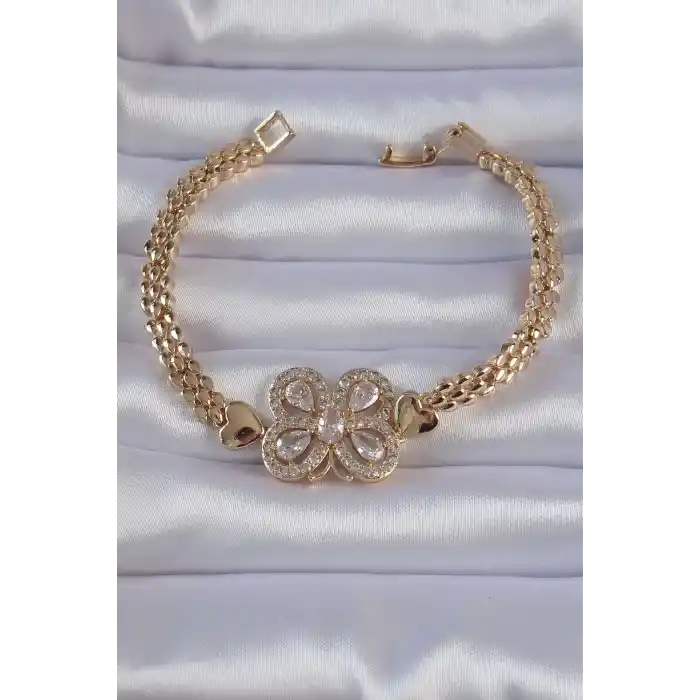 Pirinç Gold Renk Zirkon Taşlı Kelebek Figürlü Parçalı Model Bileklik