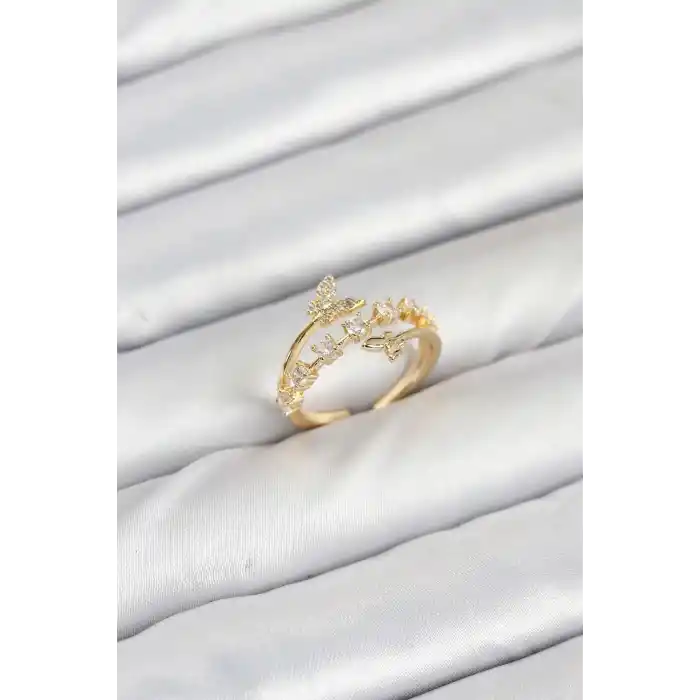 Pirinç Gold Renk Zirkon Taşlı Kelebek Model Kadın Yüzük