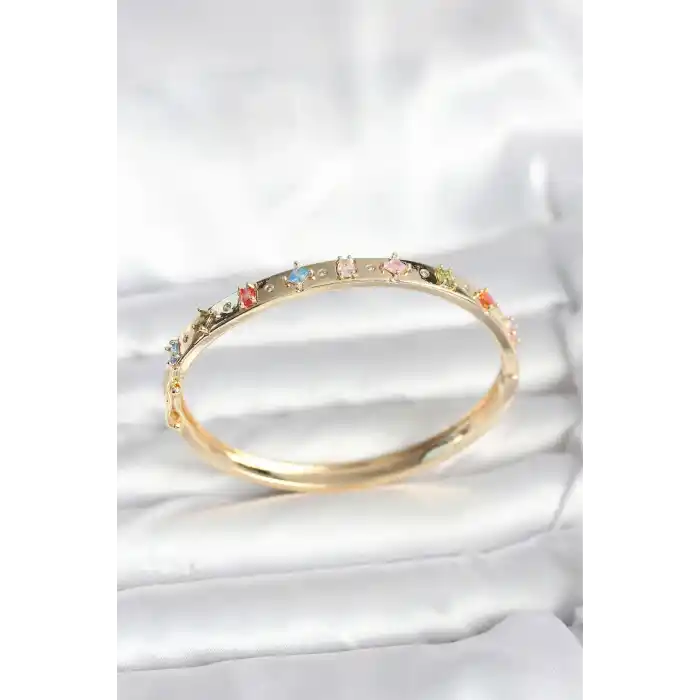 Pirinç Gold Renk Zirkon Taşlı Kelepçe Bileklik