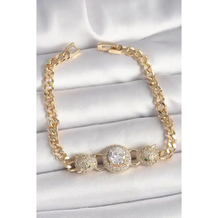 Pirinç Gold Renk Zirkon Taşlı Leopar Figür Zincir Model Kadın Bileklik