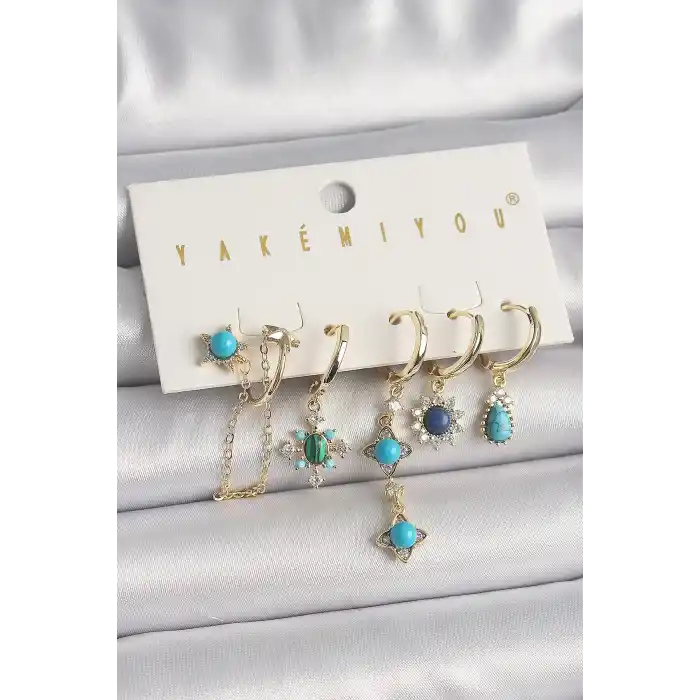 Pirinç Gold Renk Zirkon Taşlı Mavi Boncuklu Çiçek Model VIP Seri Kadın Küpe Kombini