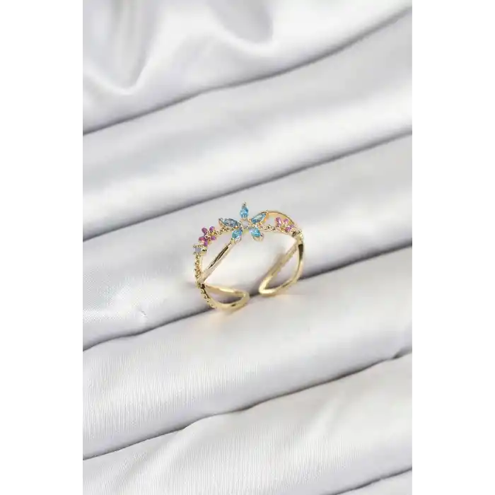 Pirinç Gold Renk Zirkon Taşlı Mavi Çiçekli Kadın Yüzük