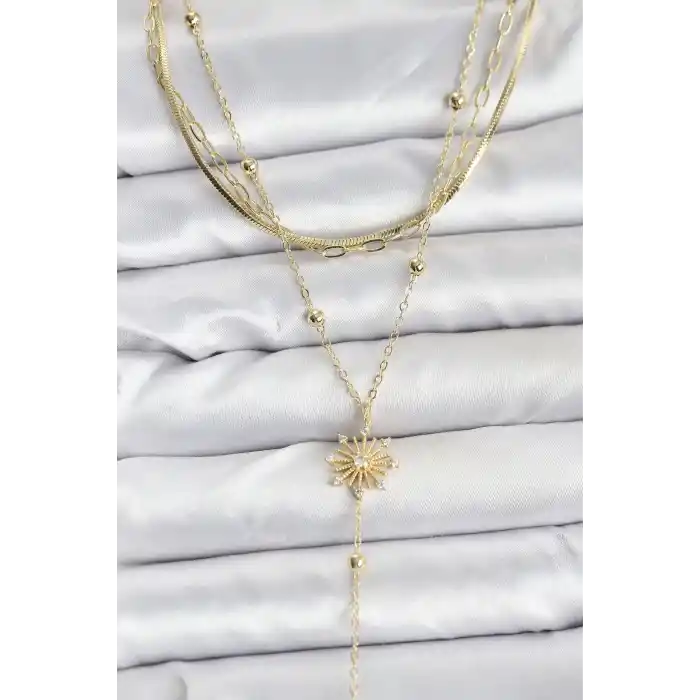 Pirinç Gold Renk Zirkon Taşlı Model Detaylı 3lü Kombin Y Kadın Kolye