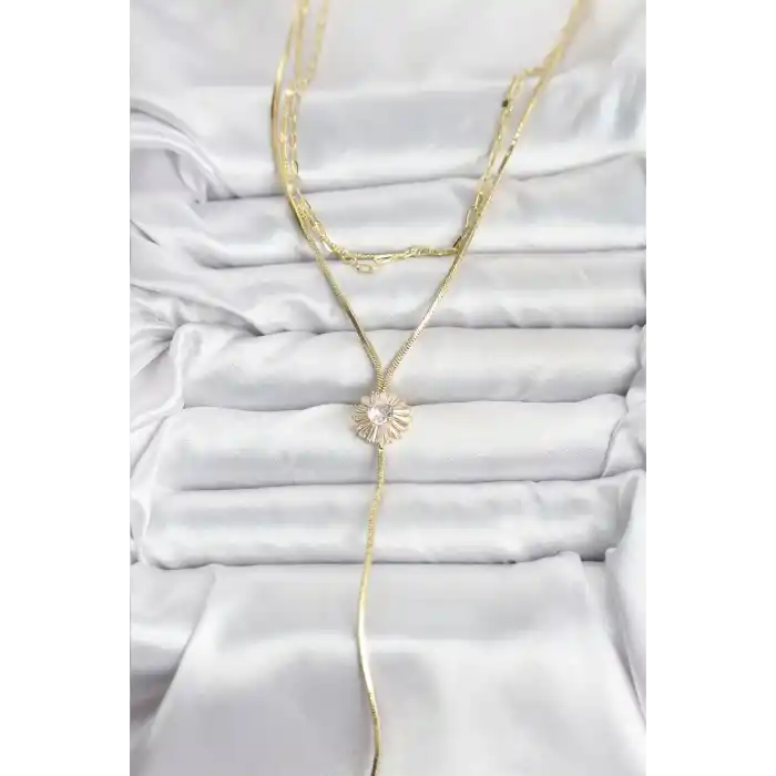 Pirinç Gold Renk Zirkon Taşlı Papatya Model Detaylı 3lü Kombin Y Kadın Kolye
