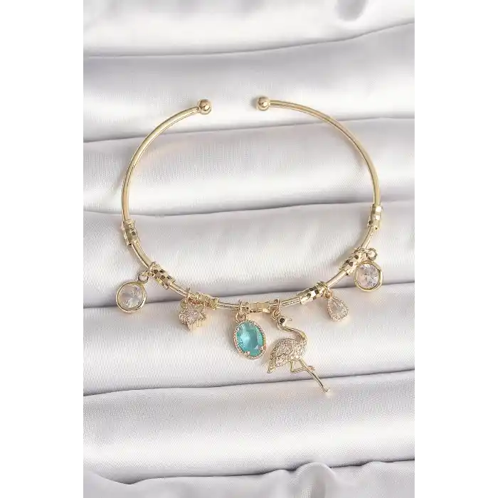 Pirinç Gold Renk Zirkon Taşlı Sallantı Filamingo Figür Charm Kadın Bileklik