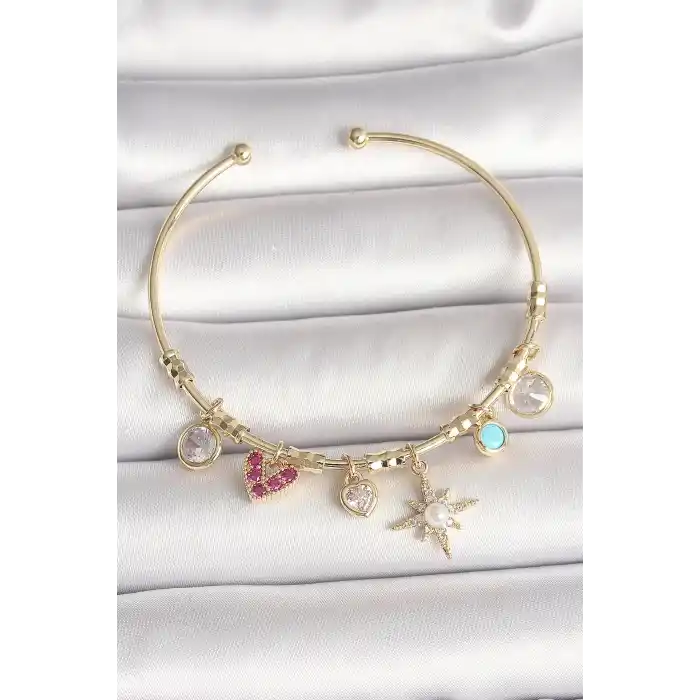 Pirinç Gold Renk Zirkon Taşlı Sallantı Kutup Yıldız Figür İnci Detay Charm Kadın Bileklik
