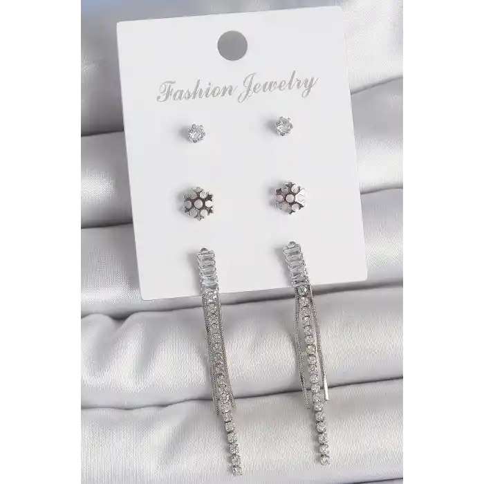 Pirinç Gold Renk Zirkon Taşlı Sallantılı Çiçek Detay 3 Çfit Kadın Küpe Seti