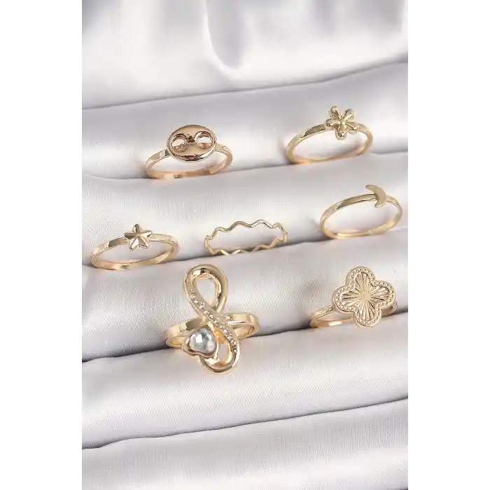 Pirinç Gold Renk Zirkon Taşlı Sonsuzluk Figür Yıldız Detay Kadın Yüzük Kombini