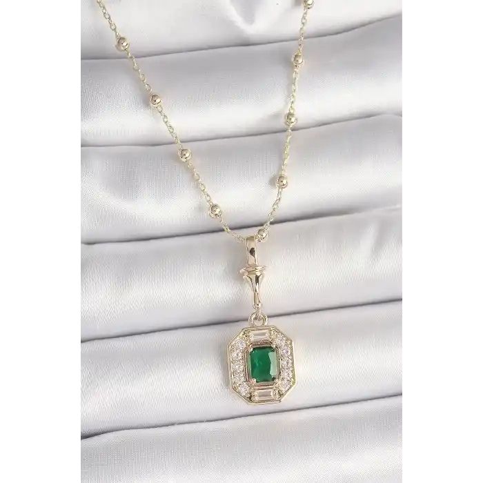Pirinç Gold Renk Zirkon Taşlı Topçuk Zincir Serenay Model Kadın Kolye
