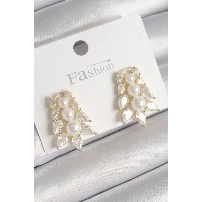 Pirinç Gold Renk Zirkon Taşlı Yaprak Model İnci Detay Kadın Küpe