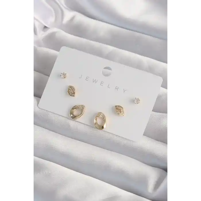 Pirinç Gold Renk Zirkon Taşlı Yaprak Model Küpe Seti