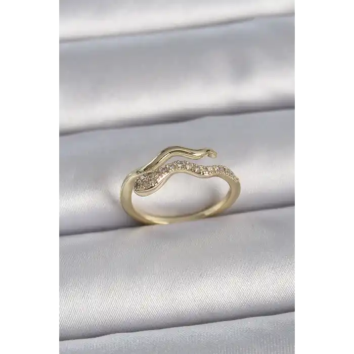 Pirinç Gold Renk Zirkon Taşlı Yılan Ayarlanabilir Model Kadın Yüzük