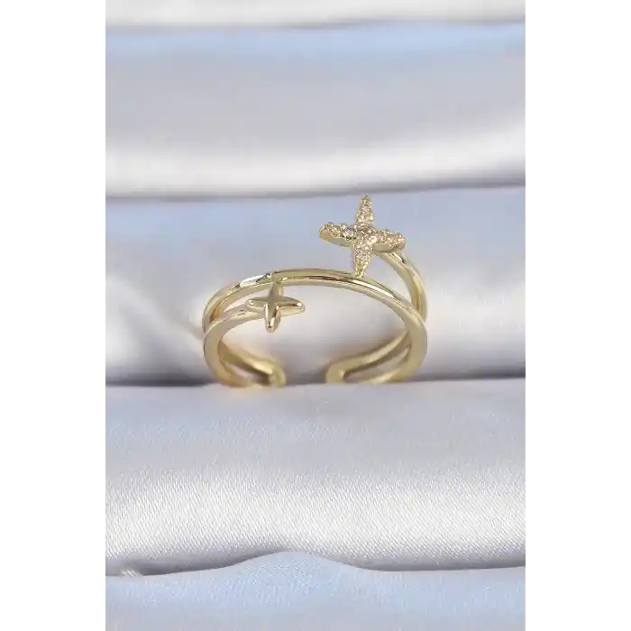 Pirinç Gold Renk Zirkon Taşlı Yıldız Model Kadın Yüzük