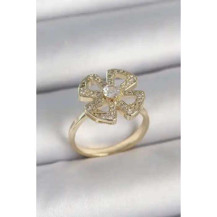Pirinç Gold Renk Zirkon Taşlı Yonca Model Ayarlanabilir Kadın Yüzük