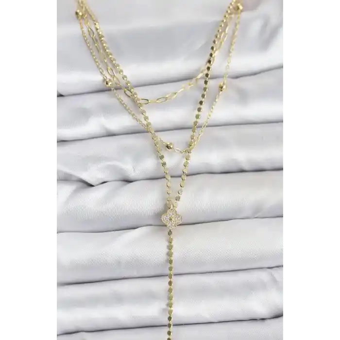 Pirinç Gold Renk Zirkon Taşlı Yonca Model Detaylı 3lü Kombin Y Kadın Kolye