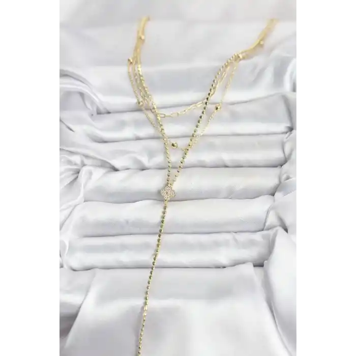Pirinç Gold Renk Zirkon Taşlı Yonca Model Detaylı 3lü Kombin Y Kadın Kolye