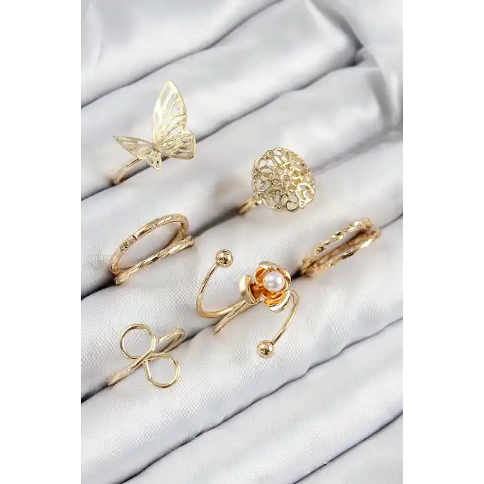 Pirinç Gül Kelebek Model Gümüş Renk Kadın Yüzük Kombin Set