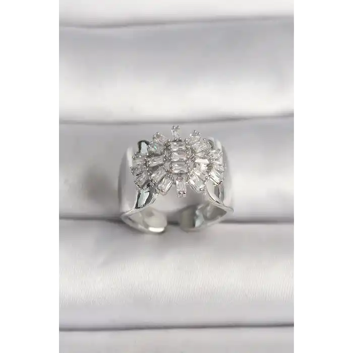 Pirinç Gümüş Renk Ayarlanabilir Baget Zirkon Taş Model Kadın Yüzük