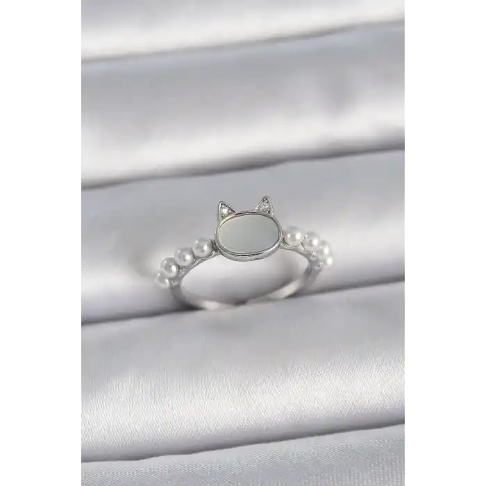 Pirinç Gümüş Renk Ayarlanabilir Beyaz Mineli Kedi Model İnci Detay Kadın Yüzük