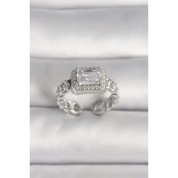 Pirinç Gümüş Renk Ayarlanabilir Zincir Kare Zirkon Taşlı Kadın Yüzük