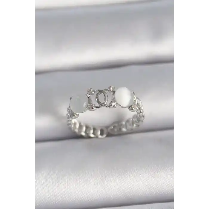 Pirinç Gümüş Renk Ayarlanabilir Zirkon Taşlı Beyaz Mineli Birleşik Halka Model Kadın Yüzük