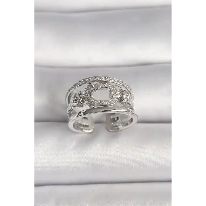 Pirinç Gümüş Renk Ayarlanabilir Zirkon Taşlı Gemici Düğüm Model Kadın Yüzük