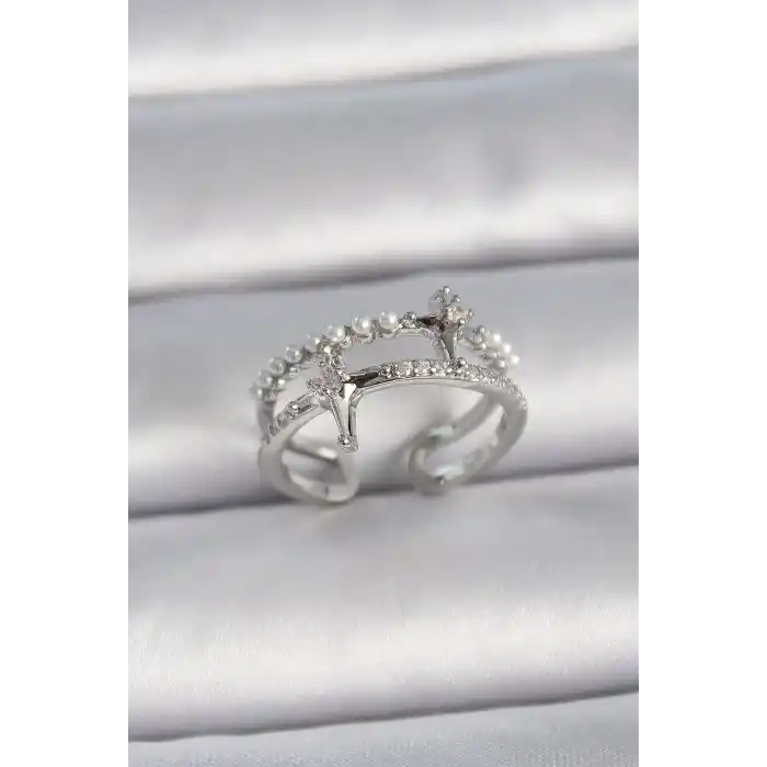 Pirinç Gümüş Renk Ayarlanabilir Zirkon Taşlı Kutup Yıldız İnci Detay Kadın Yüzük