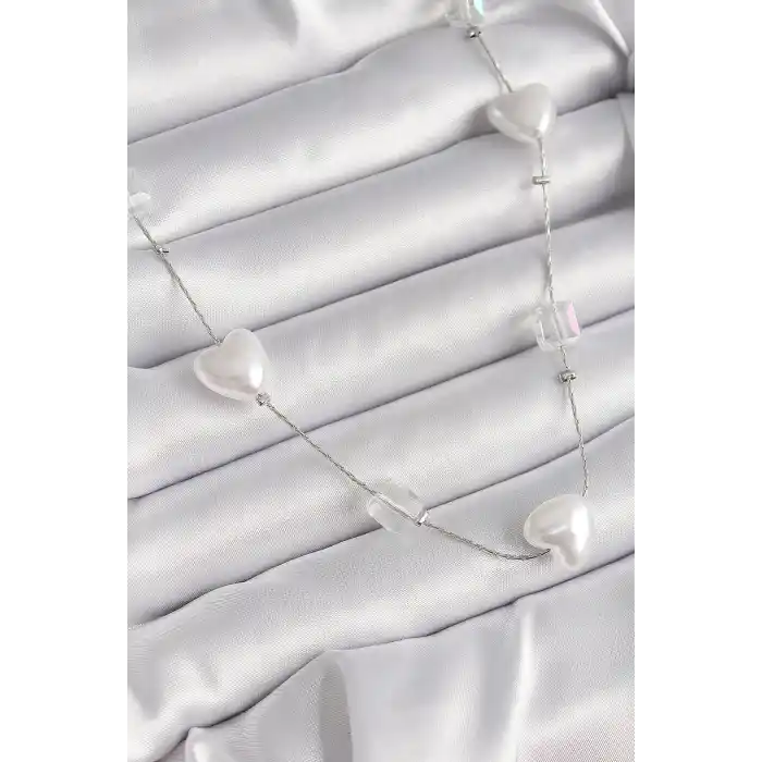 Pirinç Gümüş Renk Beyaz İnci Kalp Model Kadın Kolye