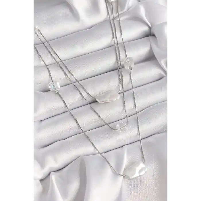 Pirinç Gümüş Renk Ezme İnci Model Çoklu Kadın Kolye