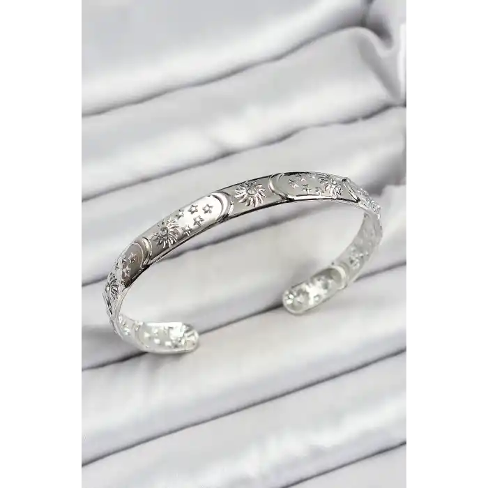 Pirinç Gümüş Renk İşlemeli Altı Açık Bileklik