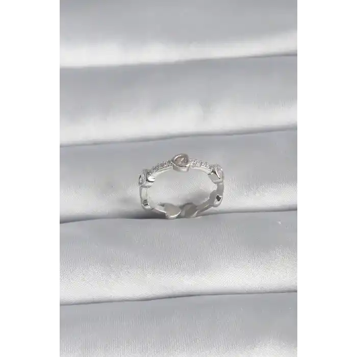 Pirinç Gümüş Renk Kalp Model Zirkon Taş Detay Kadın Yüzük