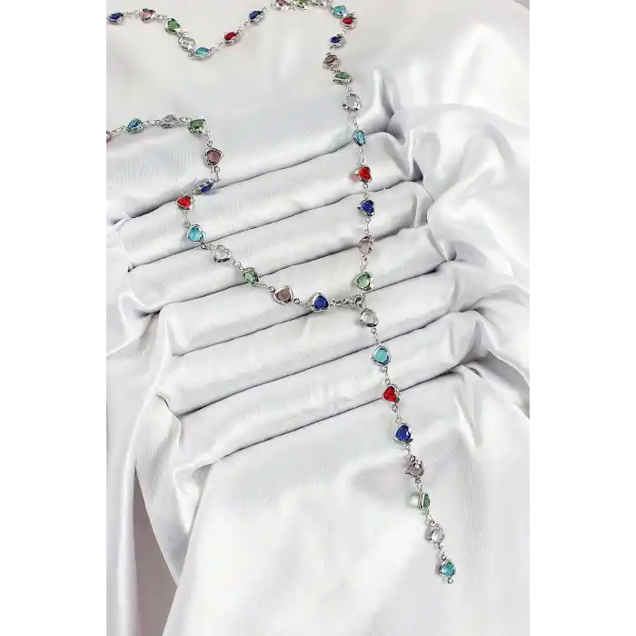 Pirinç Gümüş Renk Karışık Renk Zirkon Taşlı Kalpli Y Kadın Kolye