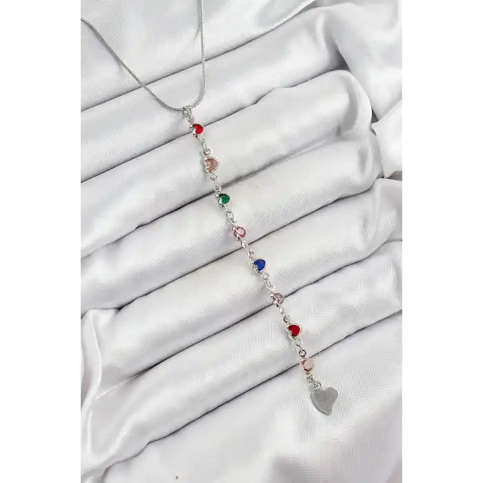 Pirinç Gümüş Renk Karışık Renk Zirkon Taşlı Kalpli Y Kadın Kolye